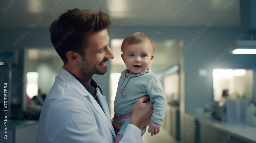 Young Caucasian doctor holding a baby in the hospital.