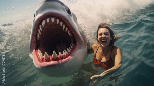 Caucasian woman playing with sharks in the sea.