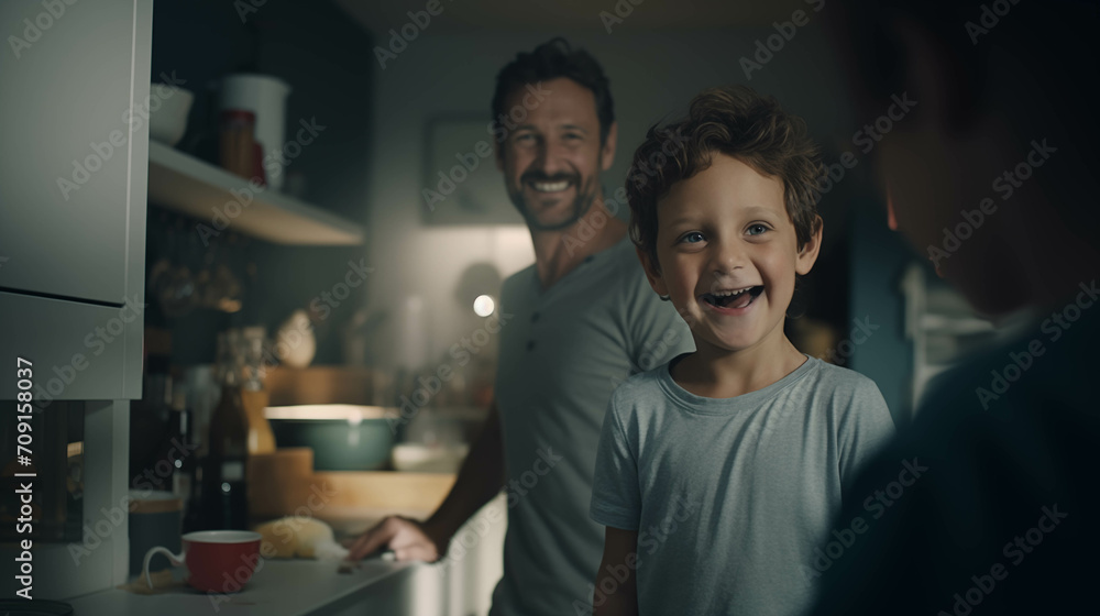Fototapeta premium Caucasian father and son are in the kitchen.