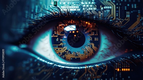 Futuristic digital eye. Cybersecurity concept. Close up of human eye with digital circuit concept. bionic eye and futuristic vision. photo