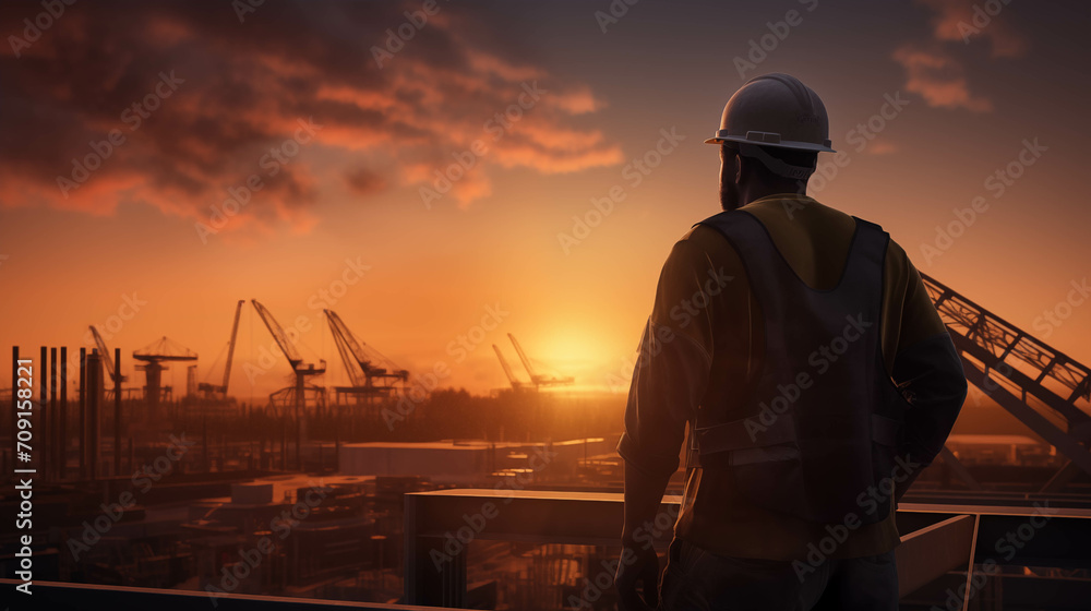 Engineer looks confidently at job site during sunset.