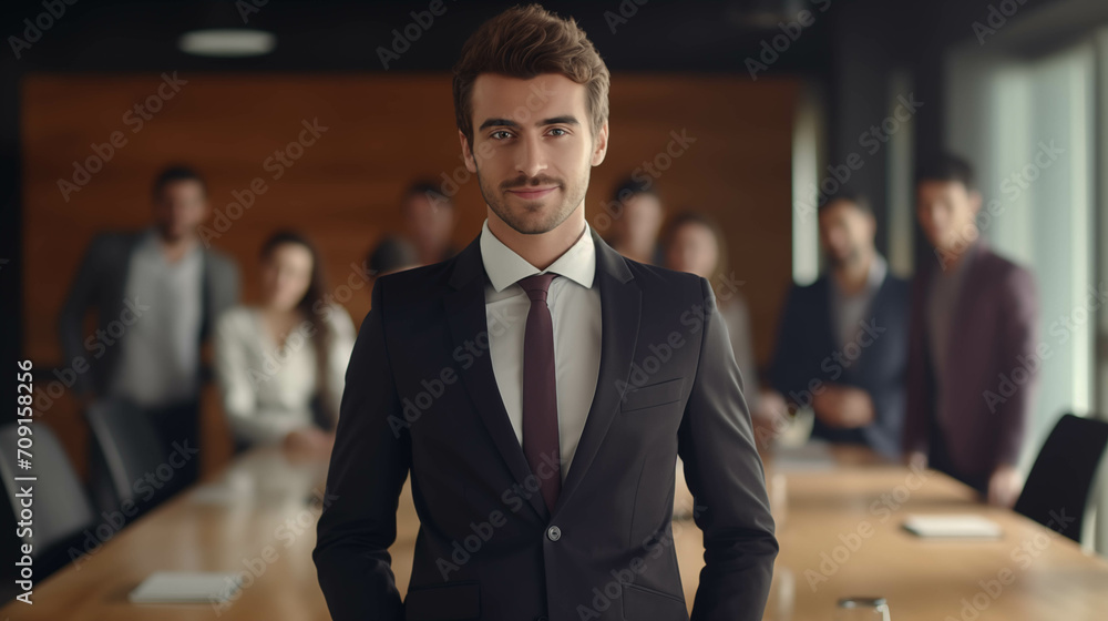 Caucasian businessman looking at camera with confidence in conference room. Caucasian businessman looking at camera with confidence in conference room.