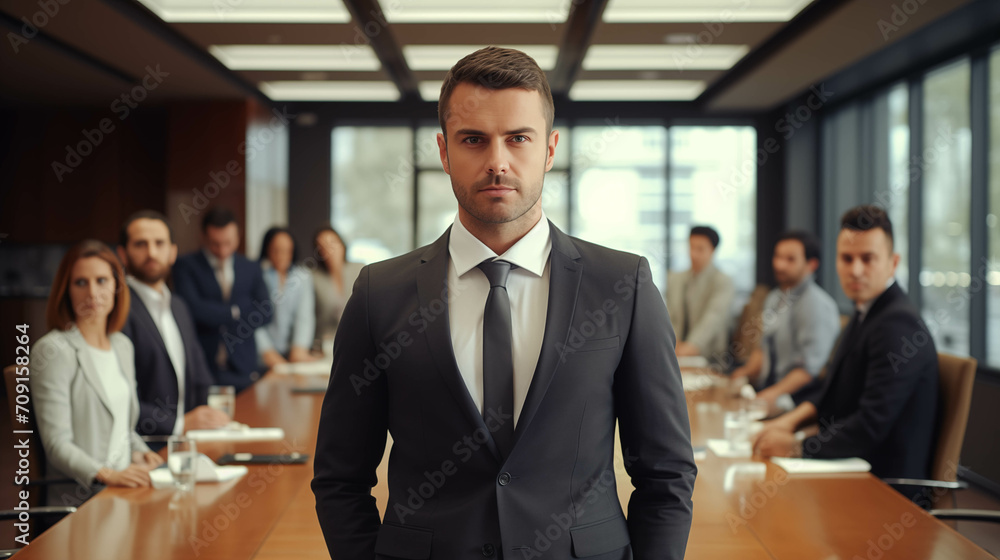 Fototapeta premium Caucasian businessman looking at camera with confidence in conference room.