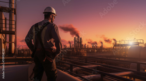 Engineer looks confidently at job site during sunset. © S photographer