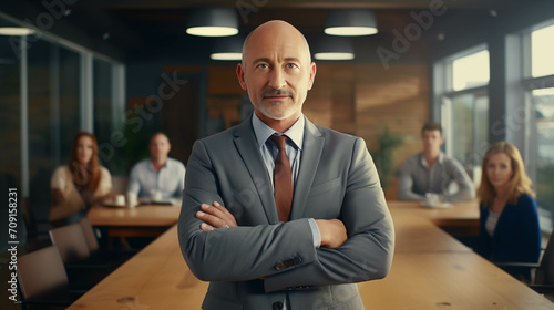 Caucasian businessman looking at camera with confidence in conference room. photo
