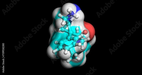 Milnacipran, drug for treatment of fibromyalgia and major depressive disorder, 3D molecule spinning on Y-axis, 4K photo