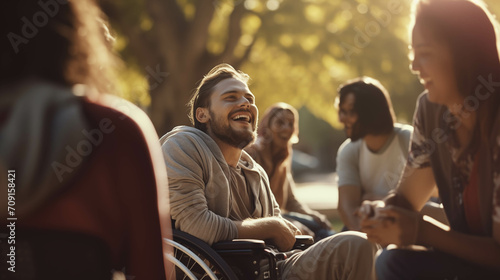 Group of disabled people in wheelchairs doing outdoor activities together.