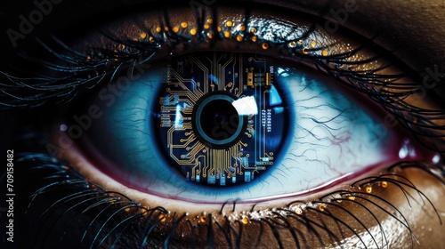 Futuristic digital eye. Cybersecurity concept. Close up of human eye with digital circuit concept. bionic eye and futuristic vision.