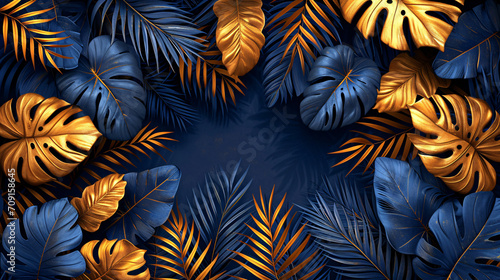 Luxury gold and blue tropical leaves background