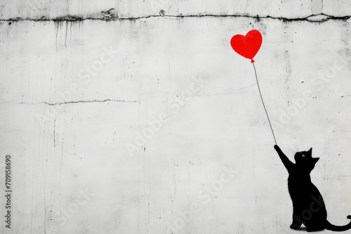 Cat reaching for red heart balloon, bansky style,big copy space photo