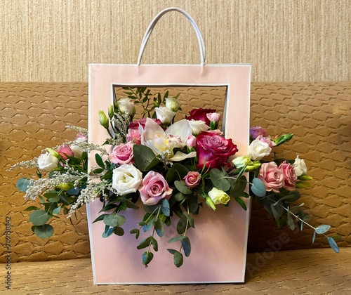 Nice flowers bouquet in natural background. Room decoration. Valentine's day. Mothers day. Birthday bouquet. Interior