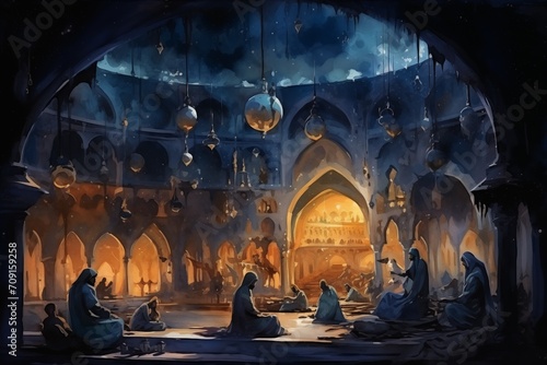 Muslims prayer in the mosque watercolor style photo