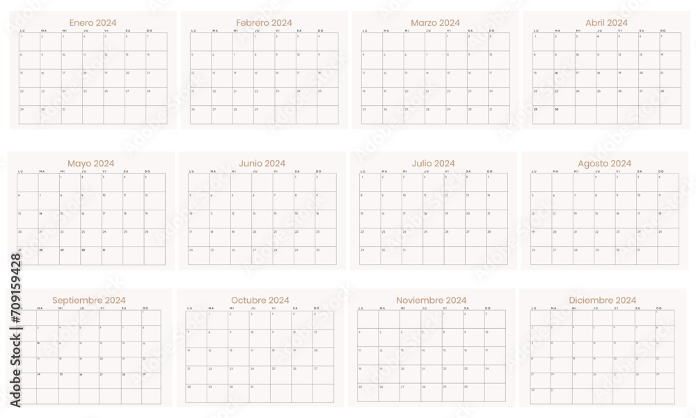 calendario 2024 mensual, grilla cada mes - obrazy, fototapety, plakaty 
