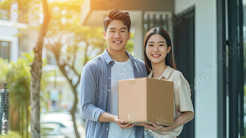 Asian young happy new marriage couple moving to new house together. Attractive romantic man and woman holding box parcel and suitcase with happiness and love. Family-Moving house relocation © Sasint
