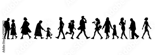 vector illustration. silhouettes of people walking along the street. Large set of characters of different ages.