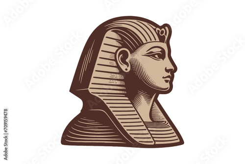 Egyptian Sphinx head, face.  Engraving vintage vector illustration, monochrome brown color. Woodcut. png