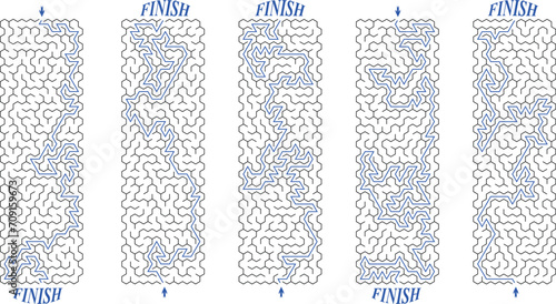 Batch of 5 vertical long lenght rectangular labyrinths. Set of stretched mazes with solutions. Black and white riddles collection. Brainstorm puzzle for books, print, family activity