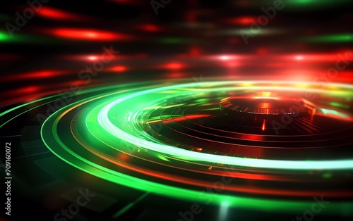 Abstract technology futuristic neon circle glowing silver  green and red light lines with speed motion blur effect on backgroun. generative ai