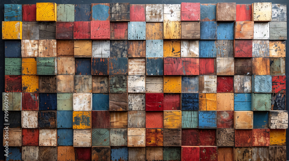 3d wooden squares in different colors, patchwork texture background wallpaper