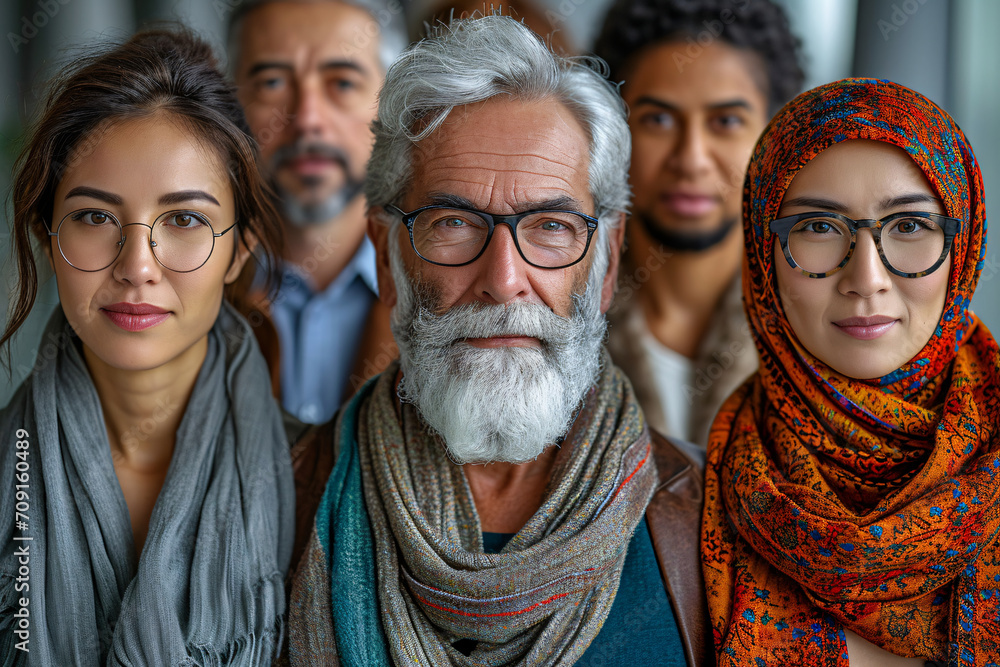 A group of diverse people with a white senior man with a beard, a young Asian woman and a woman wearing a headscarf