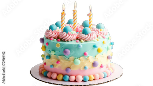 Pastel fondant birthday cake with candles, isolated