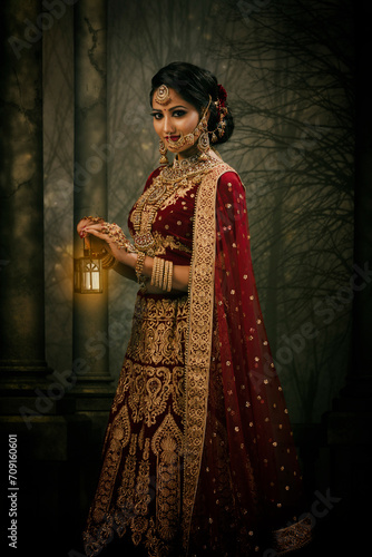 Young Indian female in ethnic Indian wear celebrating festival of Diwali. Indian female with bridal make-up and bridal wear