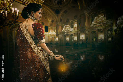 Young Indian female in ethnic Indian wear celebrating festival of Diwali. Indian female with bridal make-up and bridal wear photo