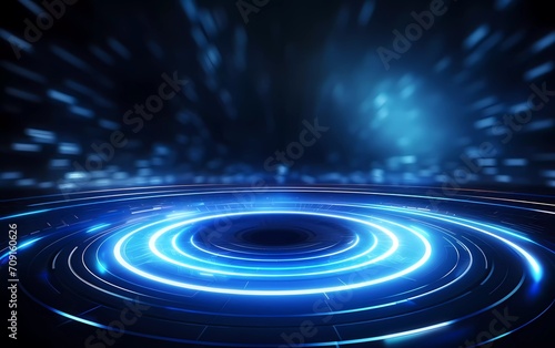 Abstract technology futuristic neon circle glowing silver and dark blue light lines with speed motion blur effect on background. generative ai