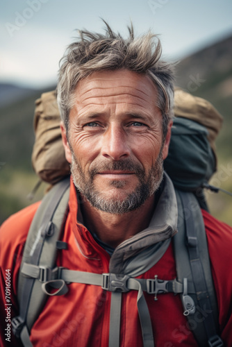 Close-up of a mid aged man hiking in the mountains during summer. Landscape hiking shot. Hiking advertisement and hiking vacation tourism concept