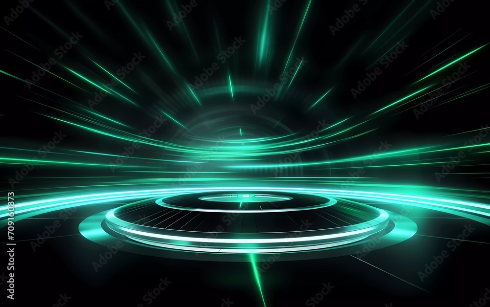 Abstract technology futuristic neon circle glowing silver and light green light lines with speed motion blur effect on background. generative ai Abstract technology futuristic neon circle glowing silver and light green light lines with speed motion blur effect on background. generative ai