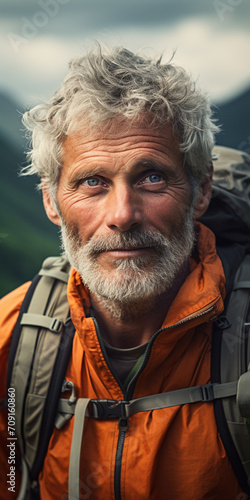 Close-up of a mid aged man hiking in the mountains during summer. Landscape hiking shot. Hiking advertisement and hiking vacation tourism concept photo