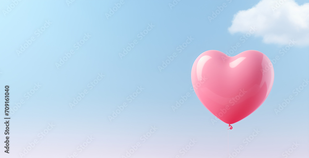 Valentines day background banner. Blue background and one floating heart balloon.