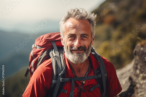 Close-up of a mid aged man hiking in the mountains during summer. Landscape hiking shot. Hiking advertisement and hiking vacation tourism concept