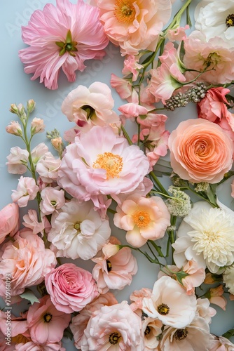 A beautiful top view of assorted pink and white spring flowers, showcasing a variety of blossoms and petals on a light blue background