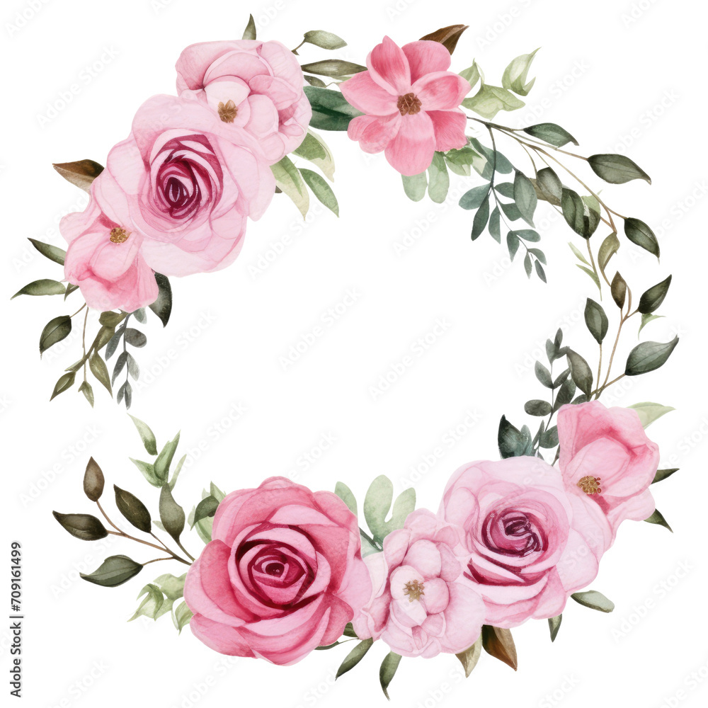 Wreaths, floral frames, watercolor flowers pink roses Illustration transparent background