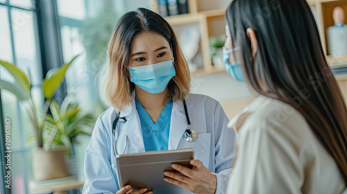 Portrait of Asian woman doctor wear protection face mask showing a patient some information on digital tablet clip board, patient listen to specialist doctor in clinic office, medical protect banner