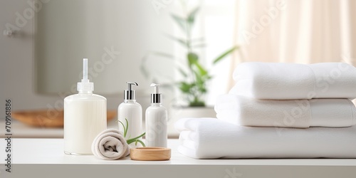 Product display montage with white table, blurred bathroom background, and copy space for towels.