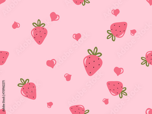 Seamless pattern with strawberry fruit and hearts on pink background vector illustration.