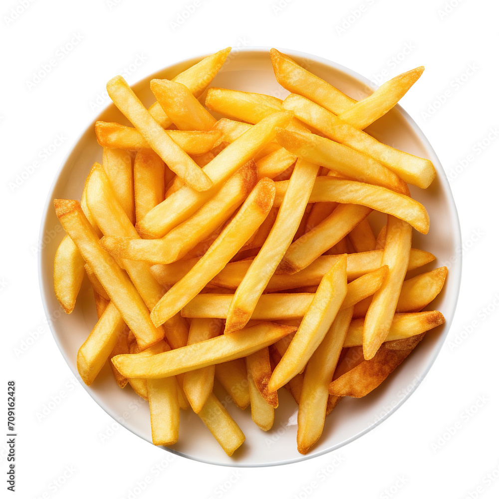 French fries in white plate isolated on transparent or white background French fries in white plate isolated on transparent or white background
