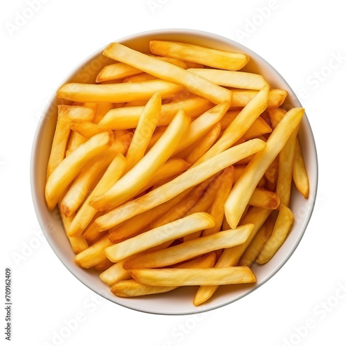 French fries in white plate isolated on transparent or white background