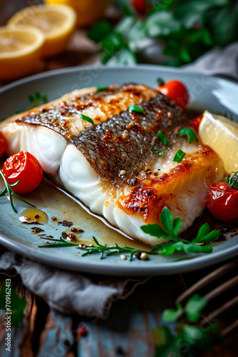 fried white fish on a plate. Selective focus. photo