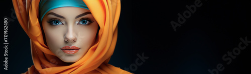 Elegance in Orange: A Slavic Woman Wearing a Hijab with Intricate Folds and Wraps. Banner with Copy Space photo