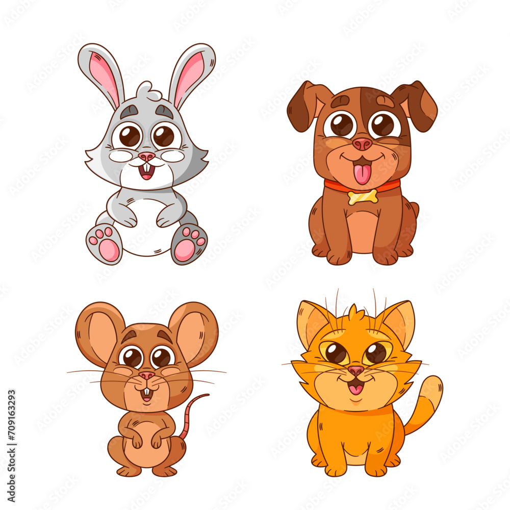 Cartoon Pets, Cat, Dog And Mouse With Bunny Cuddly Adorable Animals, Each With A Unique Charm, Bring Joy Cartoon Pets, Cat, Dog And Mouse With Bunny Cuddly Adorable Animals, Each With A Unique Charm, Bring Joy