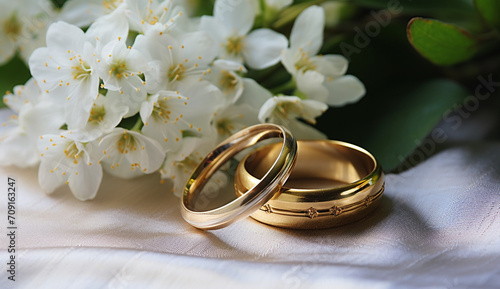 wedding rings and flowers material photo, white background created with Generative Ai © Andrii Yablonskyi