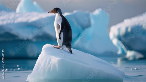 Single isolated penguin standing on an ice floe in Antarctica. photo