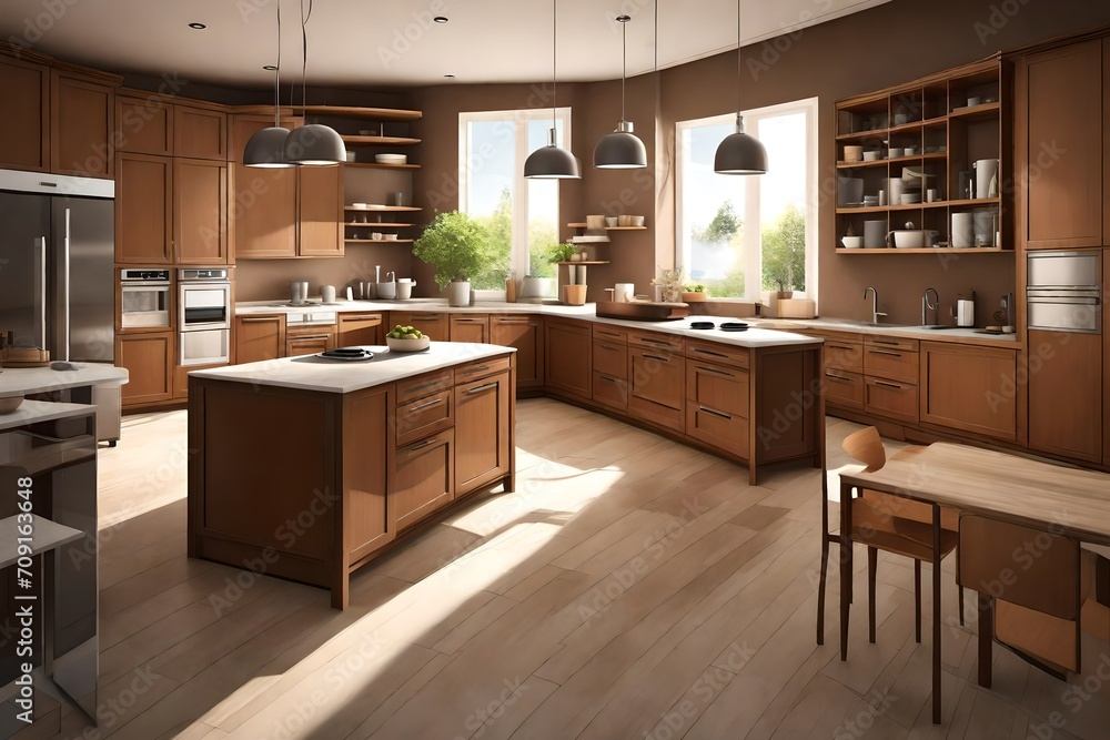 A modern kitchen interior, brown furniture.