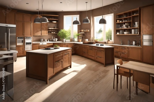 A modern kitchen interior  brown furniture.