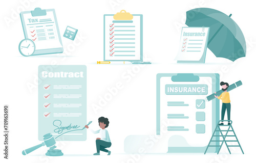 Business contract collection set. Business people signing signature, checklist on insurance paper, tax form, to do list, reminder. Flat vector design illustration.