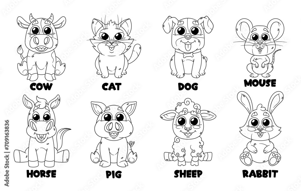 Obraz premium Black and White Linear Pets in Cartoon Style. Cow, Cat, Dog and Mouse, Horse, Pig Sheep or Bunny Adorable Animals