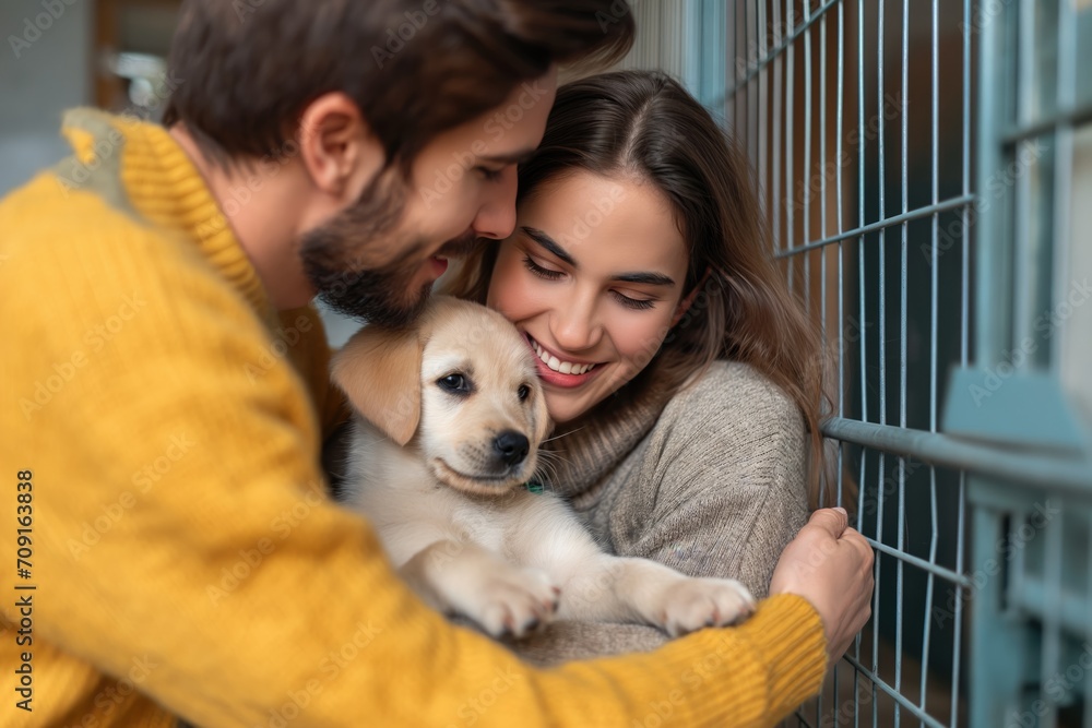 Joyful young couple Sharing a Moment with  Newly adopted Puppy in the dog's shelter - obrazy, fototapety, plakaty 
